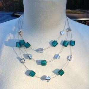 Three strand emerald green glass silver disc necklace